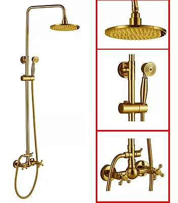 Gold Brass Bathroom Shower Set Faucet 8  Rain Double Hand Mixer Taps Wall Mounte • $338.40