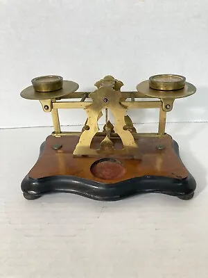 Vintage Brass And Wood Postal Scales With 8 Oz Of Weights • $25
