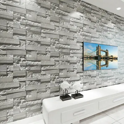 Slate Grey Realistic Stone Brick Wall Effect Textured Wallpaper Faux Wall Paper • £6.99