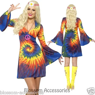 Ladies Tie Dye 1960s Hippy Costume Womens 60s 70s 1970s Go Go Hippie Fancy Dress • $31.49