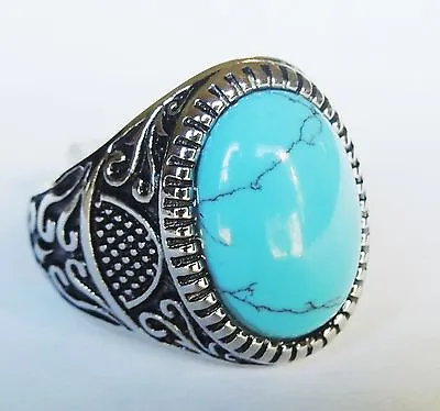 Man's Unique Stainless Steel  Oval Blue Turquoise Gemstone Ring Size 10 11 • $12.85