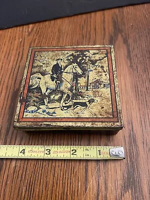 Vintage Old Painted Hunt Scene Tin Box 4” By 4” Horse & Dog • $19.99