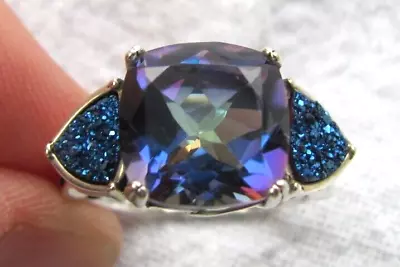 Estate Sterling Silver Blue Multicolor Mystic Topaz & Druzy Quartz Ring Size 7 • $70