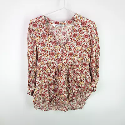 Zara Top Womens XS White Orange Floral Relaxed Long Sleeve Flair Button V-Neck • $7.83