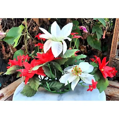 Vintage Silk Flowers Red And White Poinsettia Arrangement Vintage Christmas Deco • $18.75