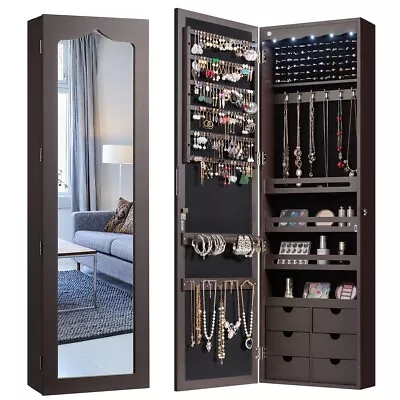 5 LED Lights Jewelry Cabinet Lockable Wall/Door Mounted Jewelry Armoire W/Mirror • £69.95