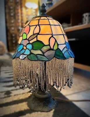 Tiffany Style Stained Glass Bead Fringe Lamp Floral 12  High Vintage • $129