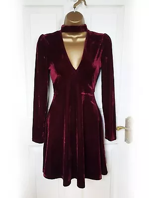 OH MY LOVE Burgundy Red Velvet Choker Fit & Flare Skater Dress Size S - BNWT • £22.99