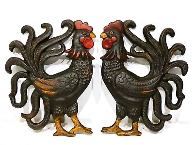 Set 2 Vintage Cast Iron Rooster Wall Hanging Multicolored Hand Painted Farmhouse • $30