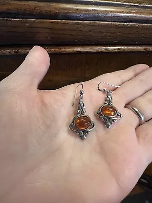 Vintage Sterling Silver Amber Dangle Earrings - Baltic Amber - 1 Inch Drop • $32