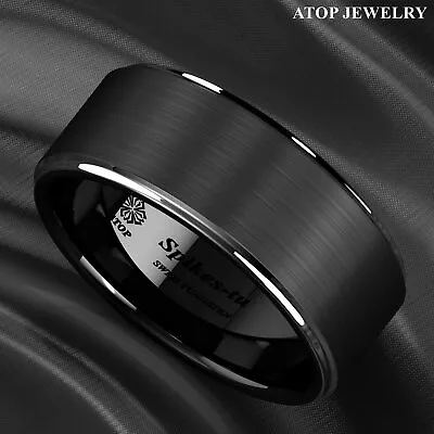 8/6mm Black Brushed Silver Stripe Tungsten Ring Wedding Band ATOP Men's Jewelry • $15.59