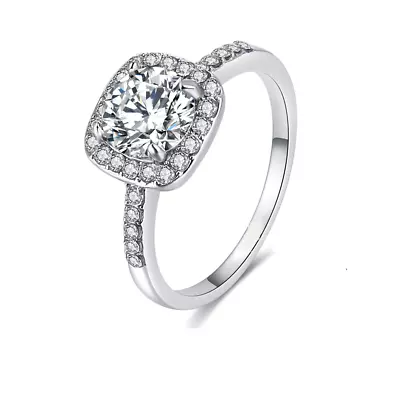 Fashion Silver Plated Simulated Round  Halo Diamond Cut Ladies Ring Size L N P R • £6.90