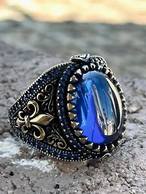 Men Blue Sapphire Stone Ring Man Sapphire Stone Ring Turkısh Handmade Ring • $99