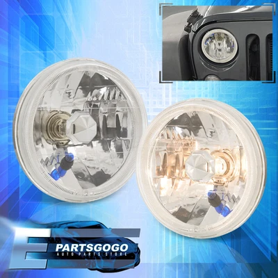 $26.99 • Buy Universal 7  7 Inch Round Beam Head Lights Halo Chrome Housing Clear Pair LH+RH