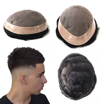 Mens Human Hair Toupee Replacement System Fine Mono Natural Black Hairpieces • £71.99