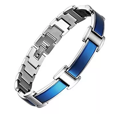 8.5  Mens Blue Titanium Magnetic Bracelet Blue & Silver Link Design + Fancy Box • $49.95