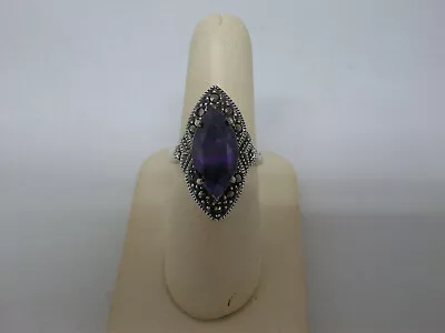 Sterling Silver Amethyst & Marcasite Large Cocktail Ring Signed Size 8 • $20