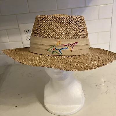 Vintage GREG NORMAN Beige STRAW HAT The Shark Band Adult One Size Golf Outdoor • $19.99