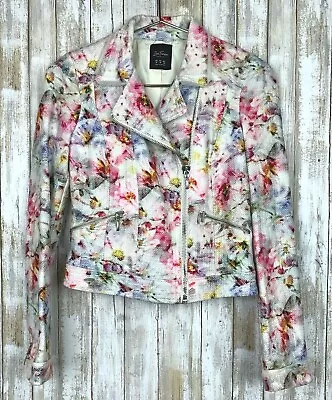 ZARA White Watercolor Floral Zip Textured Material Canvas Jacket Top M Medium • $45