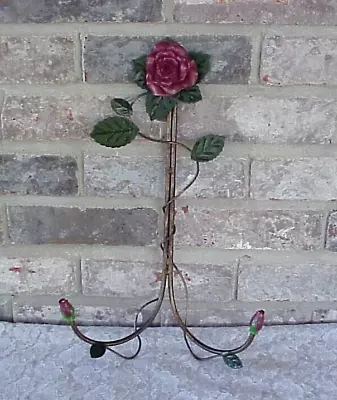 Vintage Metal Roses Wall Hanger Double Hooks Green Leaves Vine Rose Buds 15  CBK • $21.59