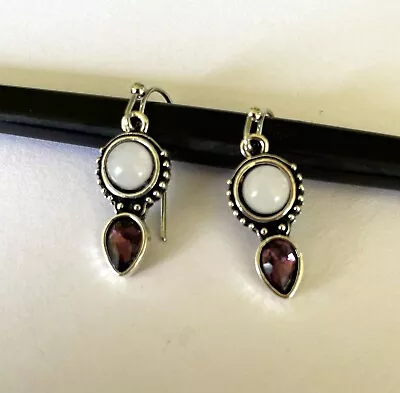 Silver Plated Gemstone Drop Earrings With Round Moonstone BONUS Included • $8.99