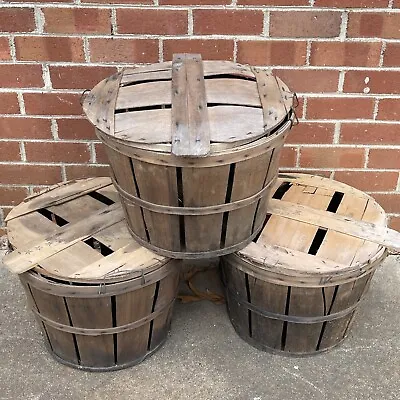 Lot-3 Wooden Apple Orchard Bushel Baskets Vintage Primitive Handles & Lids BB1 • $48.75