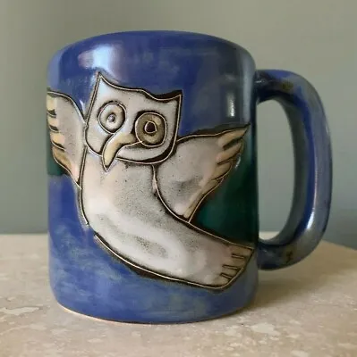 Handmade Mara Mexico Stoneware Pottery Blue OWL BUTTERFLY Coffee Cup Mug PERFECT • $29.95