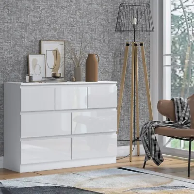 High White Gloss 7 Drawer Merchant Chest Scandinavian Style Office Furniture • £149.99