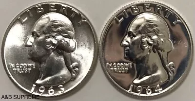 (2) 1932-1964 Washington Quarter Gem Cameo Proof & Bu Uncirculated 90% Silver • $25.89