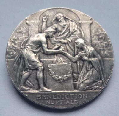$65 • Buy WEDDING / MARRIAGE FINE FRENCH ART NOUVEAU SOLID SILVER MEDAL / BROOCH By BOTTEE