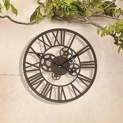 Outdoor Wall Clock Garden Cog Mechanical Design Bronze Effect Battery Round • £17.90