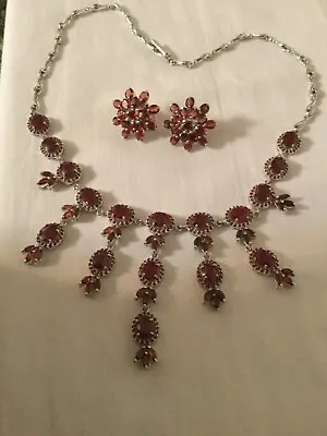 Vintage Sterling Silver Dangle Garnet Flower Necklace Pierced Earrings Set 17.5  • $68