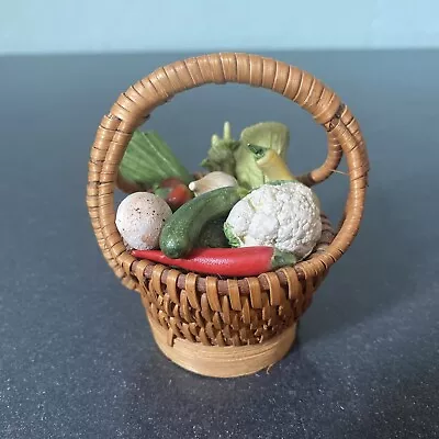 Vintage Miniature Straw Basket With Variety Of 11 Ceramic Vegetables 1:6 Scale • $35