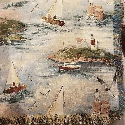 VTG Nautical Tapestry Fabric Sail Boat 57 X 55 Couch Slip Cover Beach House • £95.46
