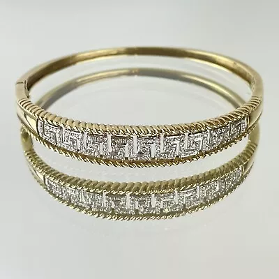 Vintage 9ct Yellow Gold Greek Key Design Diamond Set Hinged Bangle 13.9g • £695