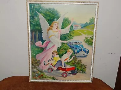Vintage 1950's Guardian Angel & Kids In Wagon Framed Art Print Car Poster • $89.99