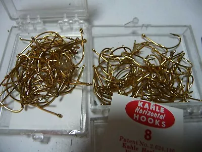 100 Size 8 Kahle Offset Hooks Straight Eye Gold -  MADE IN USA • $10