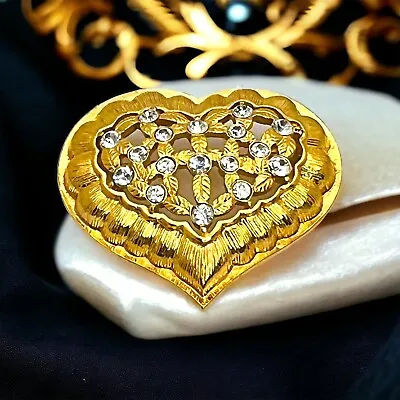 Vintage Monet Designer Heart Brooch - Brushed Gold Tone - Crystal Accents • $20.30