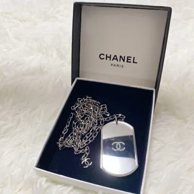 CHANEL Coco Mark Mirror Dog Tag Plates Chain Necklace Pendant W/Box Vintage CA • $910.69