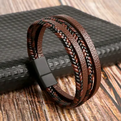 £4.59 • Buy Mens Handmade Braided Leather Bracelet Wristband Clasp  Brown Black Unisex  21cm