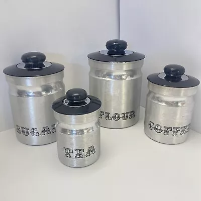 Vtg MCM Aluminum Metalware Nesting Canister Set 4 Flour Sugar Coffee Tea • $35