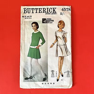 VINTAGE 60s Butterick 4578 MARY QUANT Designer Pleated Mini Dress Pattern 36  • £18