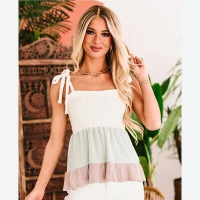 Altar'd State Womens L Baby Doll Tank Ivory Color Block Smocked Waffle Knit  • $19.99