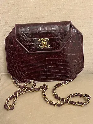 Chanel Vintage Purple Crocodile Exotic 24K Gold Mini Shoulder Evening Bag • $9500