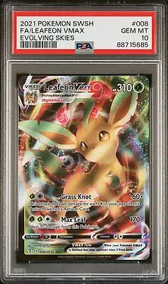 PSA 10 GEM MINT Leafeon VMAX 008/203 Evolving Skies FULL ART Pokemon Card • $38.99