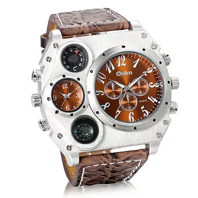 Men Army Sports Fashion Two Time Zones Big Dial Leather Strap Quartz Wrist Watch • $17.99