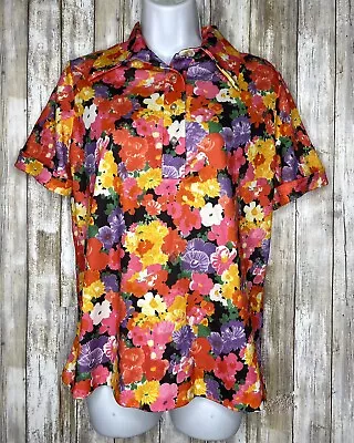 1970s NEON FLORAL Disco  Mod Hippie Pointed Collar Shirt  USA VTG • £18.29