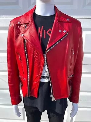 VTG Red Leather UK Lightning Motorcycle Biker Jacket M Punk Goth Metal 70s 80s • $200