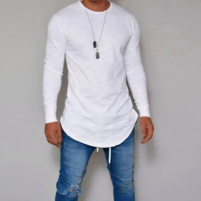 Mens Long Sleeve Muscle Slim Fit Tunic Tops Casual Crew Neck Pullover Blouse UK • £11.79