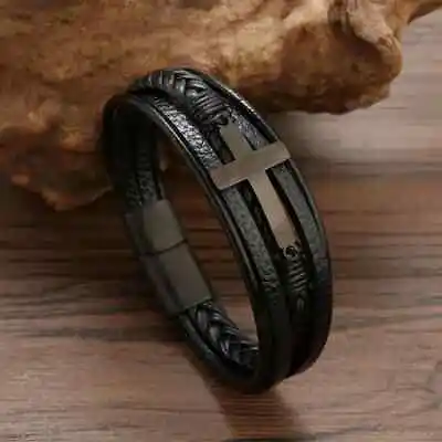 Men's Cross Leather Bracelet Stainless Steel Religion Christian Bless Bangle • $12.99